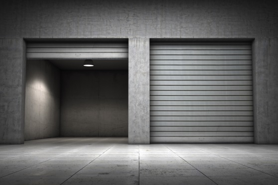 grey garage doors, one open